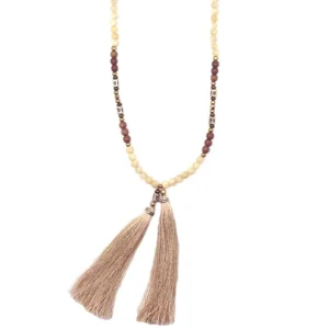 Sautoir pompons, perles de jaspe beige et marron - Nakamol
