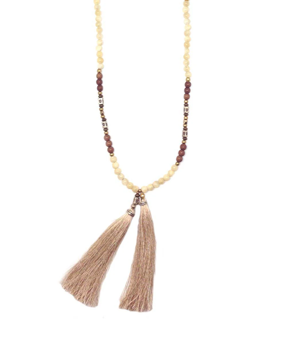 Sautoir pompons, perles de jaspe beige et marron - Nakamol