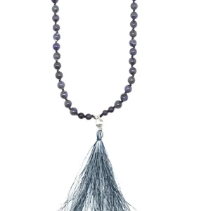 Sautoir pompon, perles grises