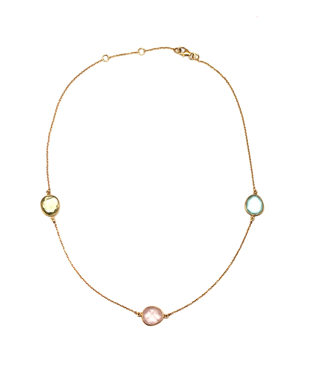 Collier pastel trio quartz rose, calcédoine bleue et citrine