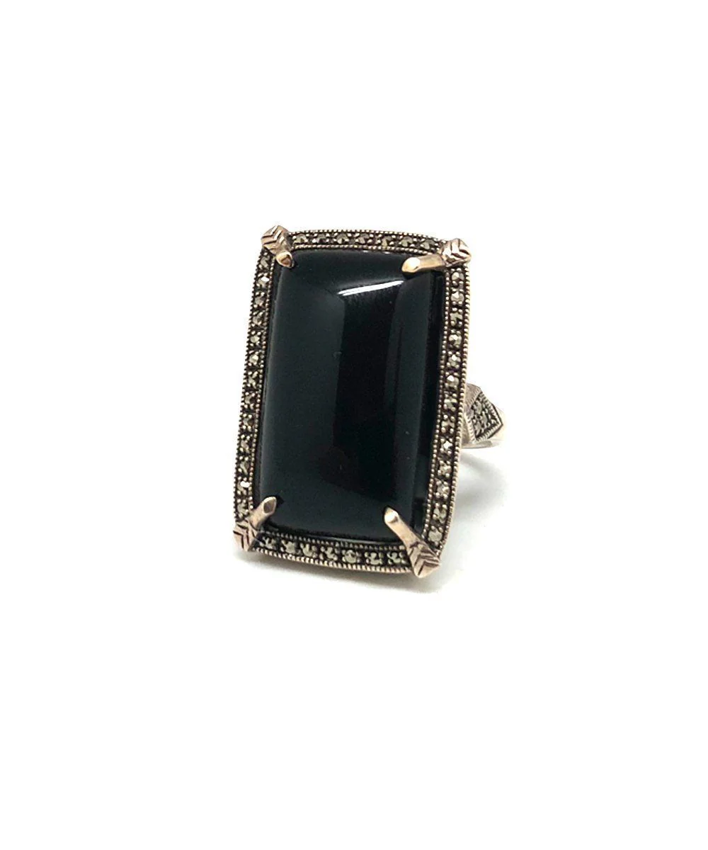 Grosse bague art déco onyx rectangulaire en argent et marcassites - Métron