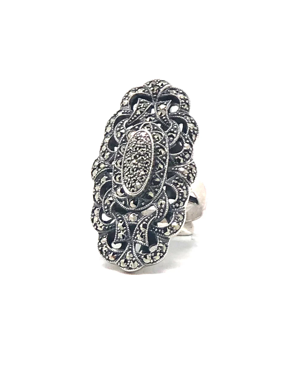 Longue bague art déco en argent et marcassites