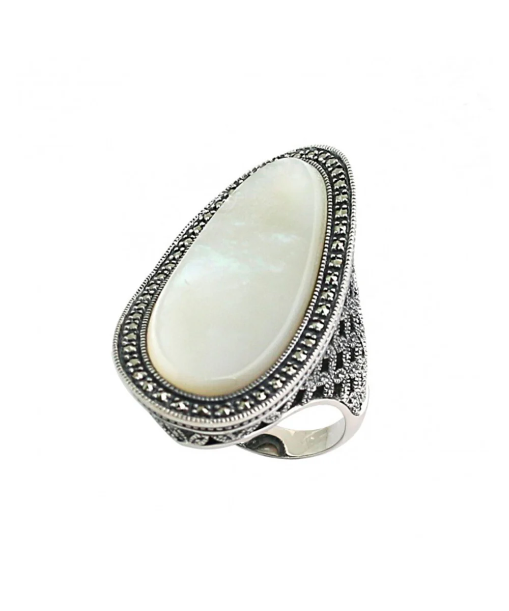 Longue bague nacre art déco, argent et marcassites – Image 3