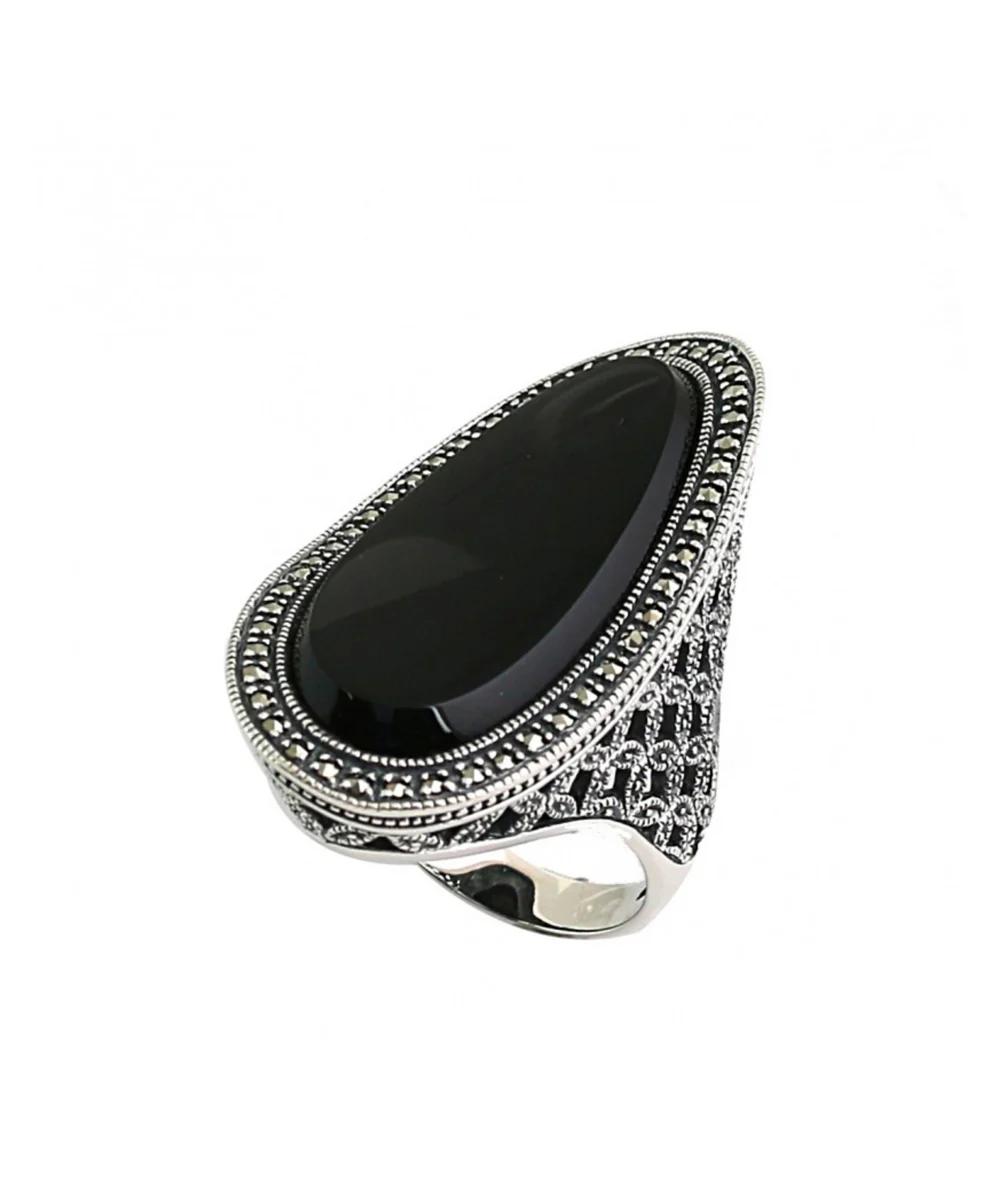 Longue bague onyx art déco, argent et marcassites – Image 3